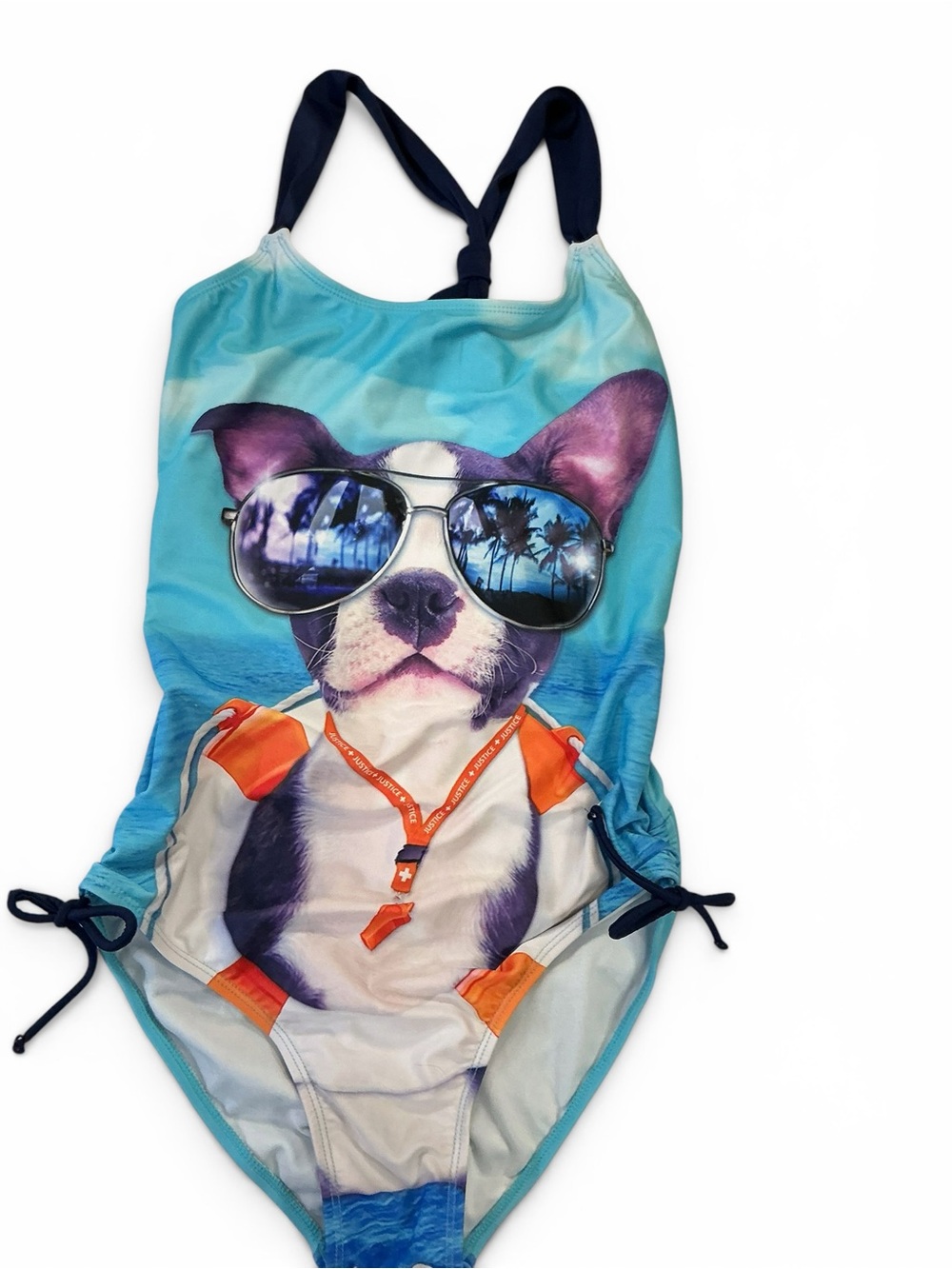 Justice Store Girls Turquoise Dog Graphic One-Piece Swimsuit with Navy Straps